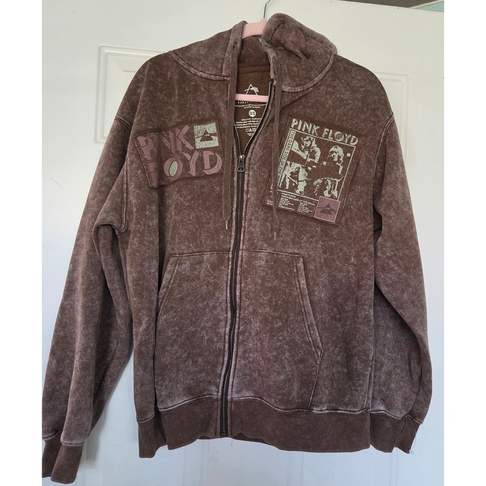 Pink Floyd Dark Side of the Moon Acid Wash Zip Hoodie Brown Vintage Style O/S